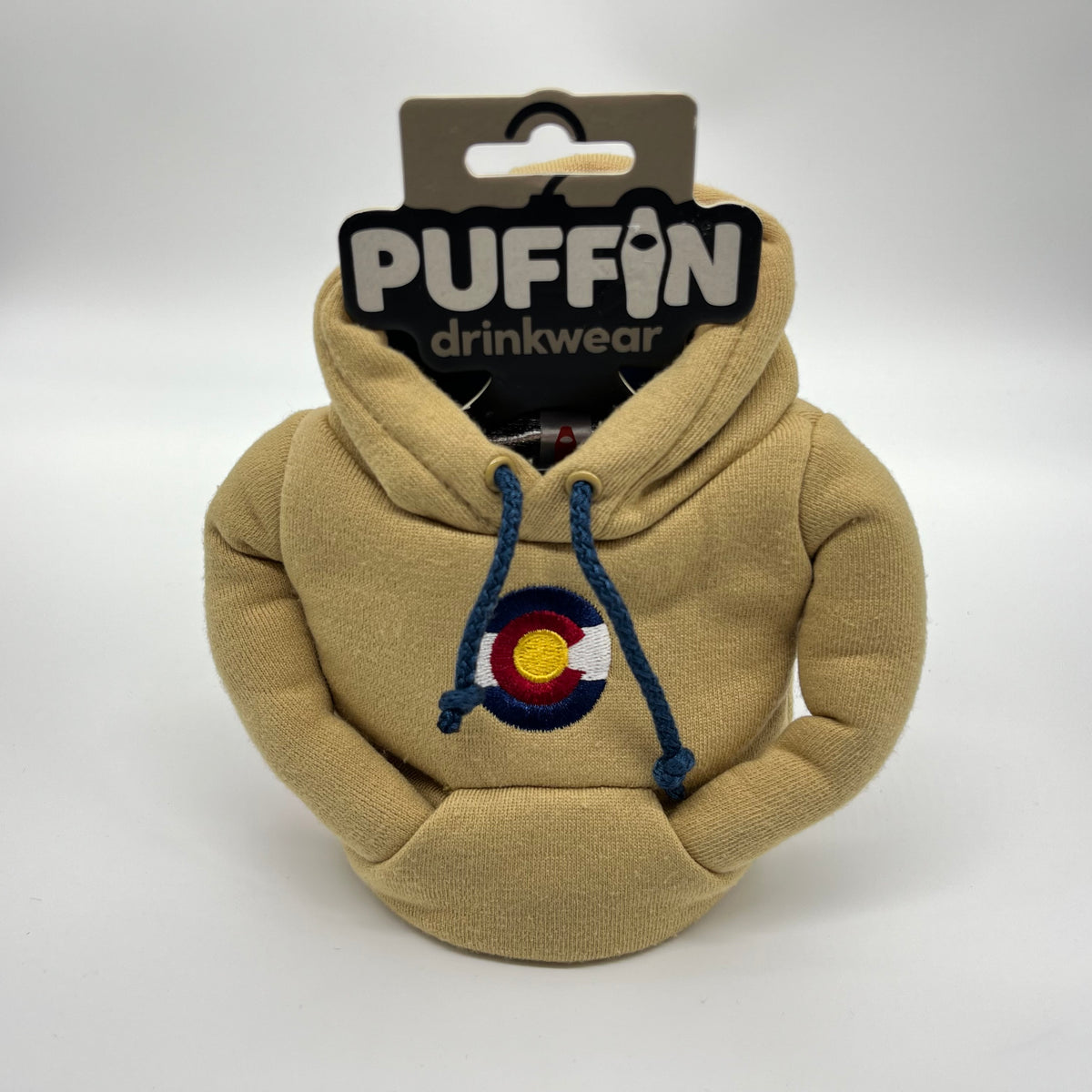 Puffin Drink Holder - Tan Sweatshirt w/ custom Colorado Flag Logo - 12 oz