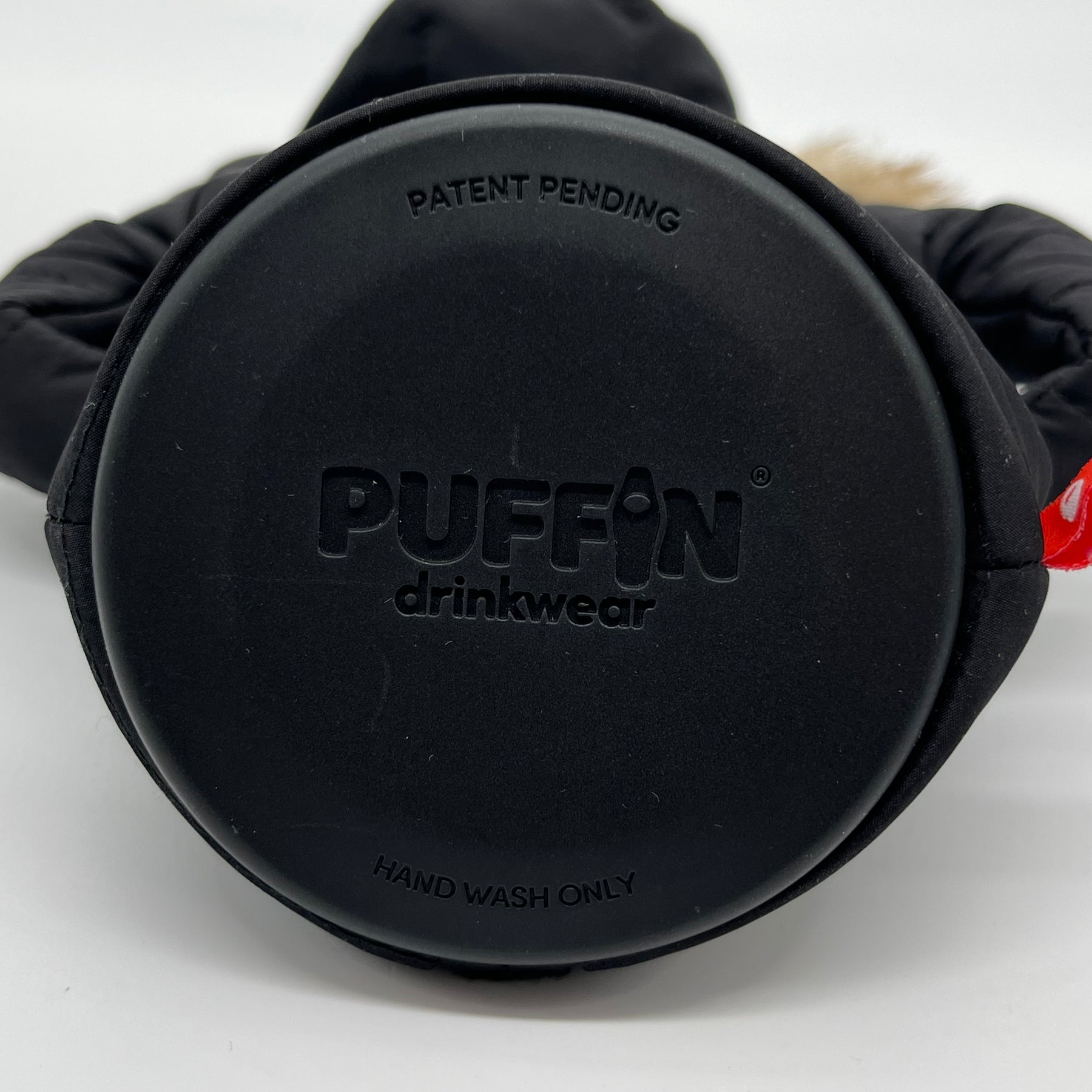 Puffin Drink Holder - Black with Fur-lined Hood w/ custom Colorado Flag Logo - 12 oz