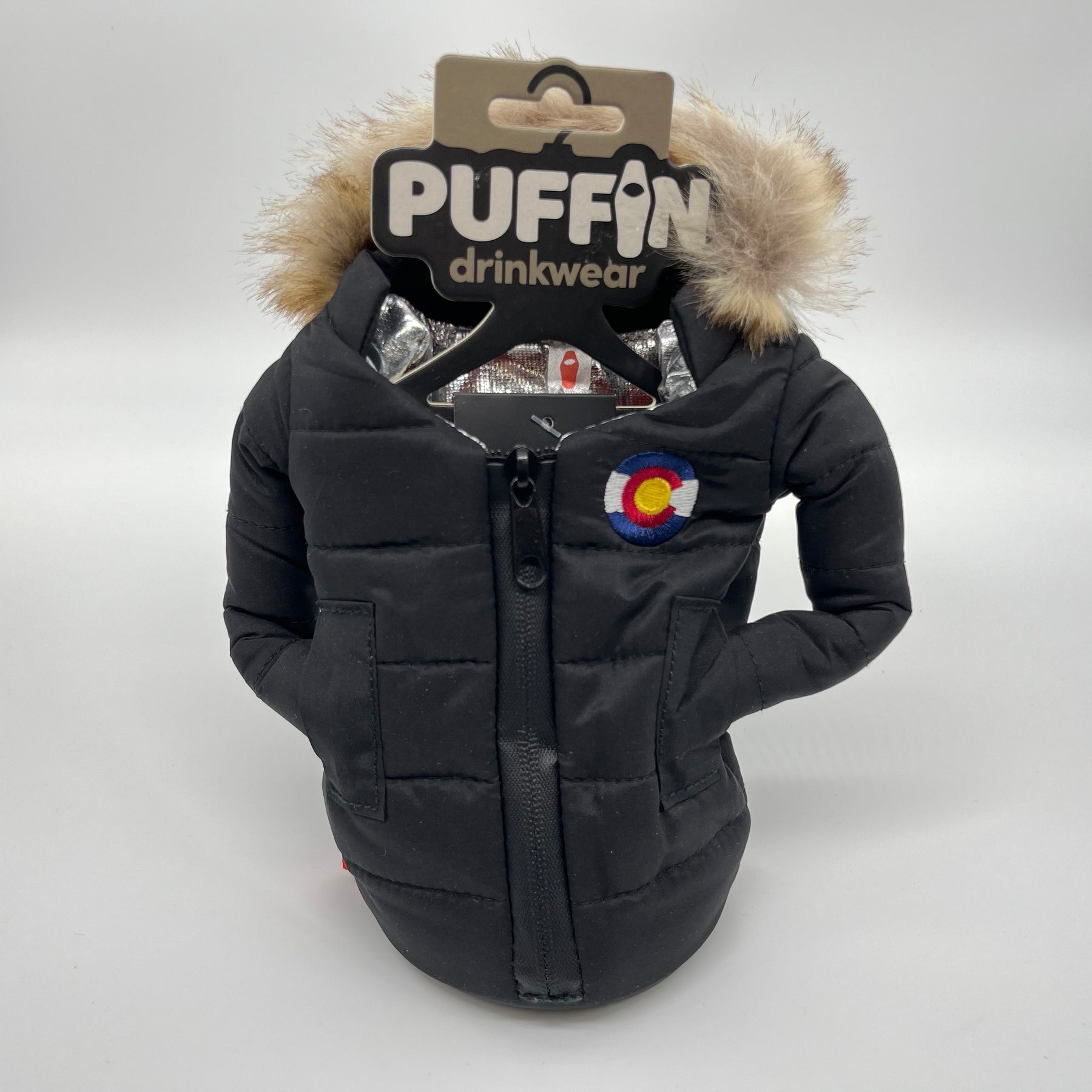 Puffin Drink Holder - Black with Fur-lined Hood w/ custom Colorado Flag Logo - 12 oz