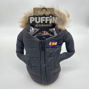 Puffin Drink Holder - Black with Fur-lined Hood w/ custom Colorado Flag Logo - 12 oz