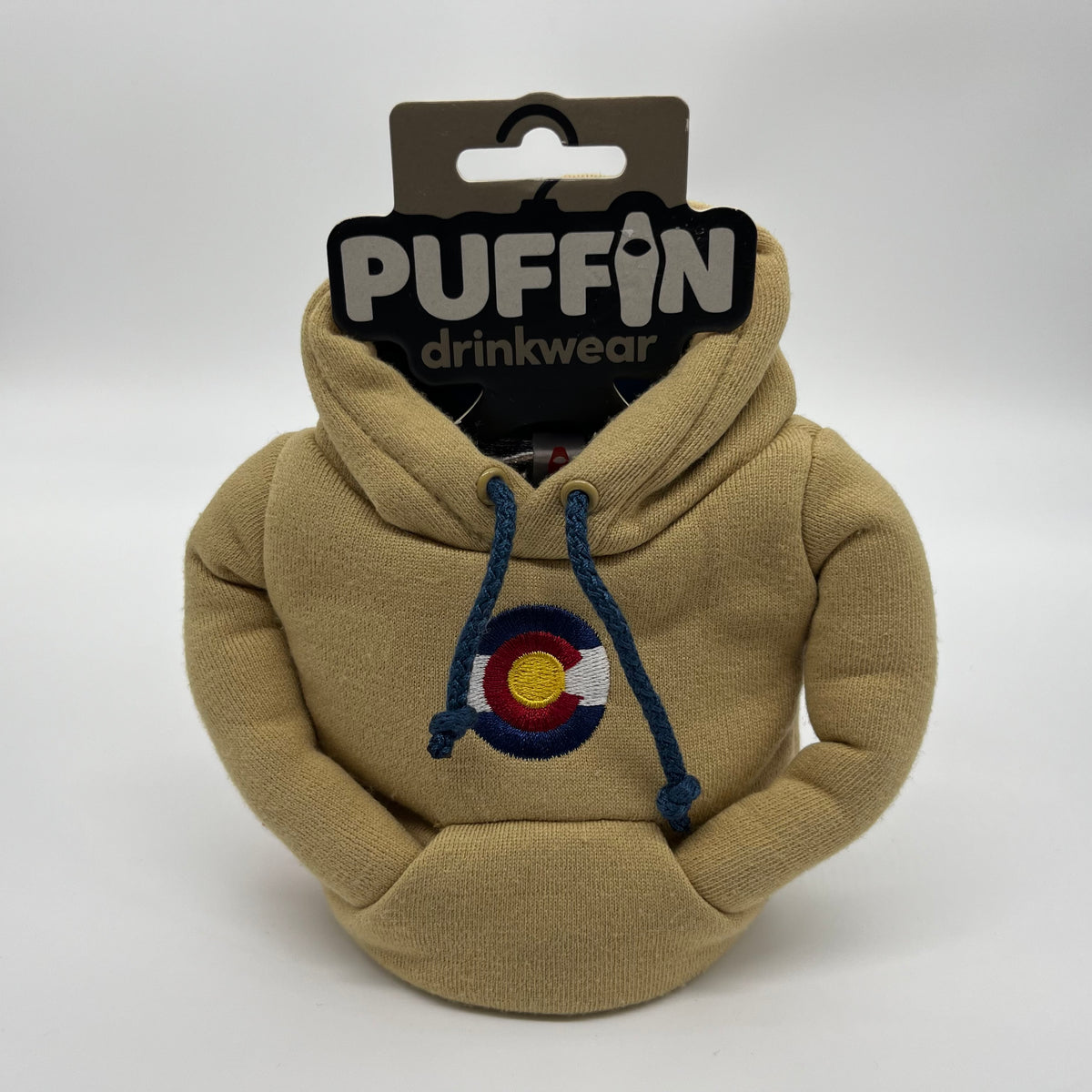 Puffin Drink Holder - Tan Sweatshirt w/ custom Colorado Flag Logo - 12 oz