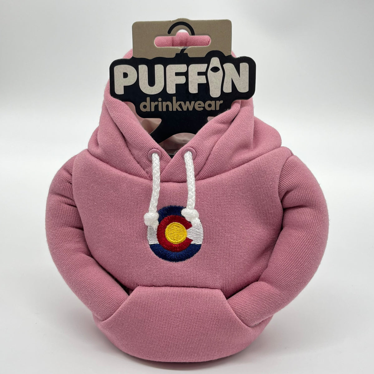 Puffin Drink Holder - Pink Sweatshirt w/ custom Colorado Flag Logo - 12 oz