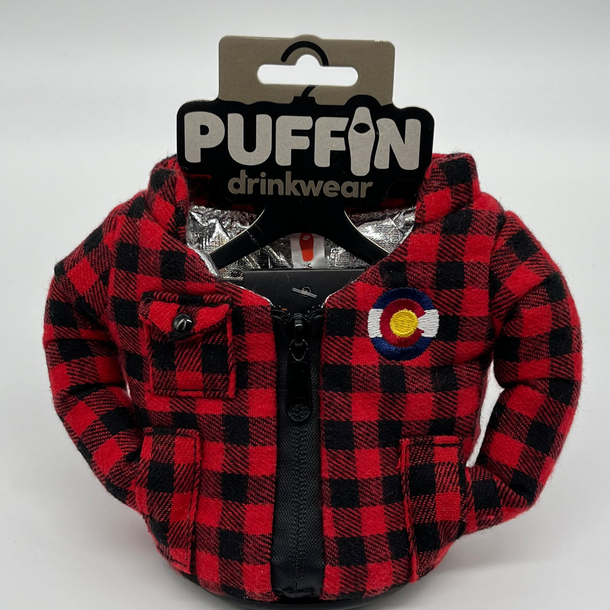 Puffin Drink Holder - Lumberjack Red and Black Plaid w/ custom Colorado Flag Logo - 12 oz