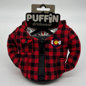 Puffin Drink Holder - Lumberjack Red and Black Plaid w/ custom Colorado Flag Logo - 12 oz